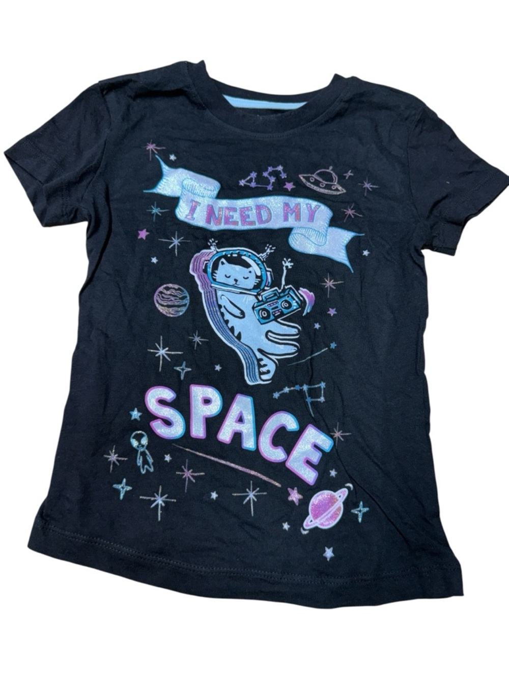 wonder nation girls black Tee with Pastel Space glitter Cat Graphic